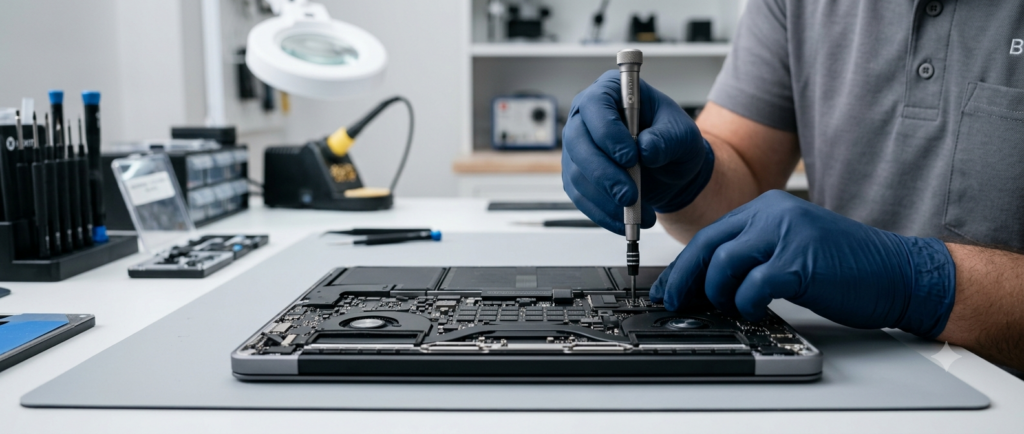 Técnico realizando una reparación interna de un MacBook