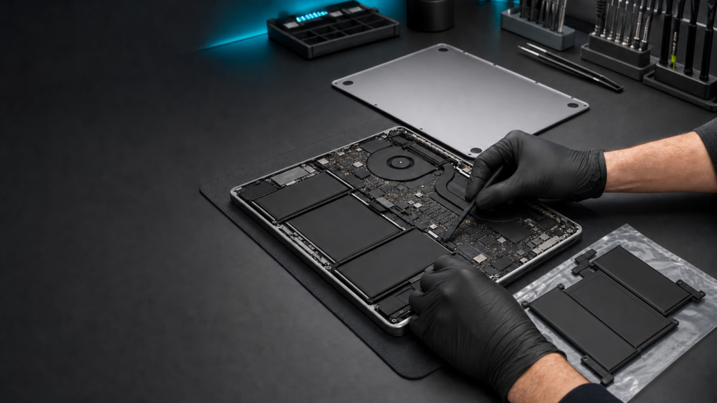 Técnico realizando el reemplazo profesional de batería en un MacBook Pro