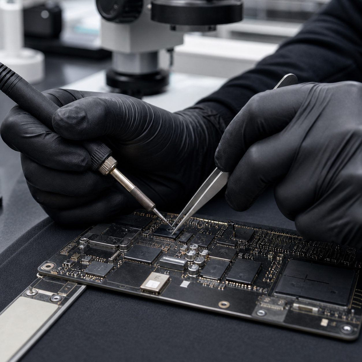 Microsoldadura de placa lógica Mac bajo microscopio